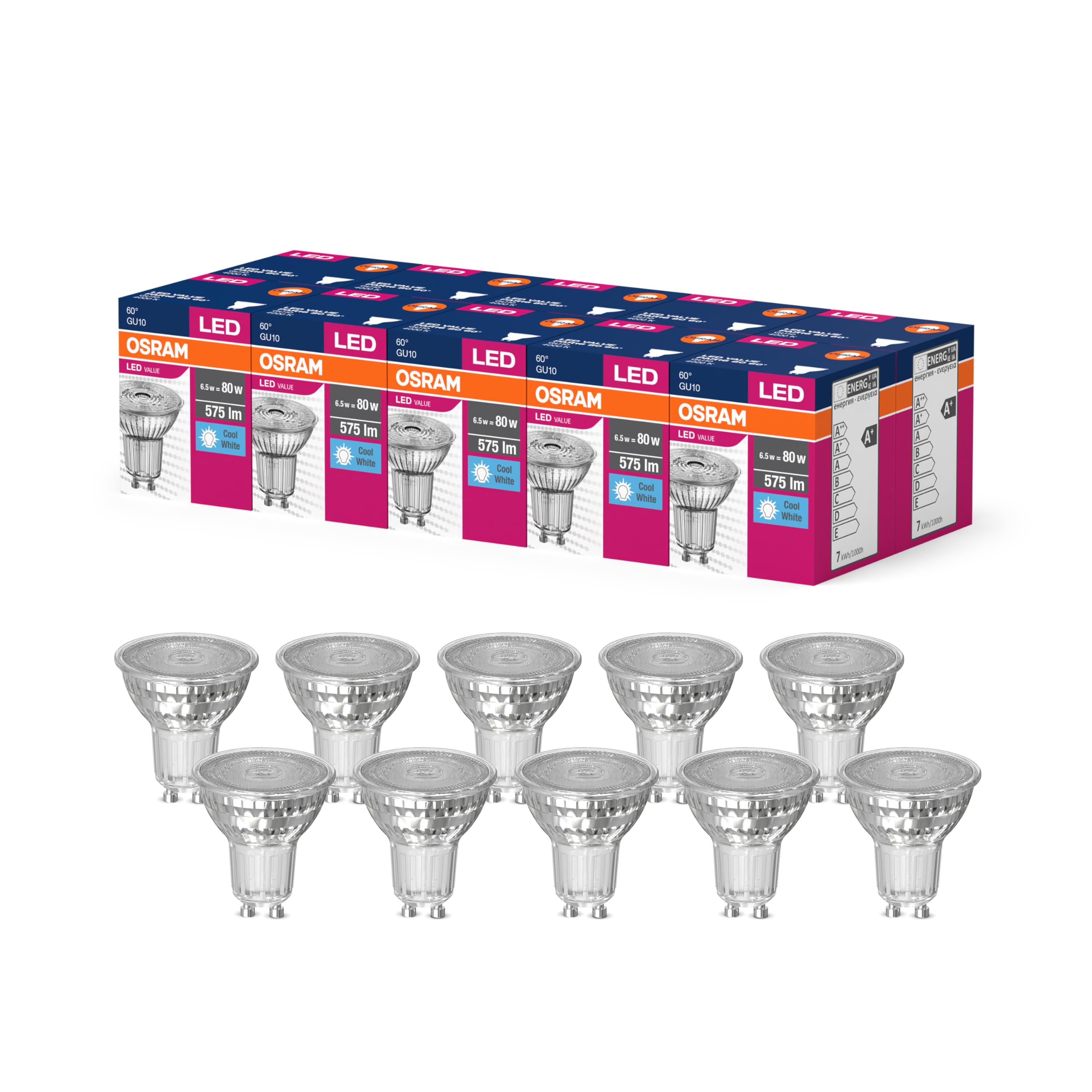 OSRAM Led Star Value Par16 Led Lamp for Gu10 Base, Reflector Lamp, Gl, 575 Lumens, Cold White (4000K), Replacement for Conventional 80W Light Bulbs, Not Dimmable, 10-Pack