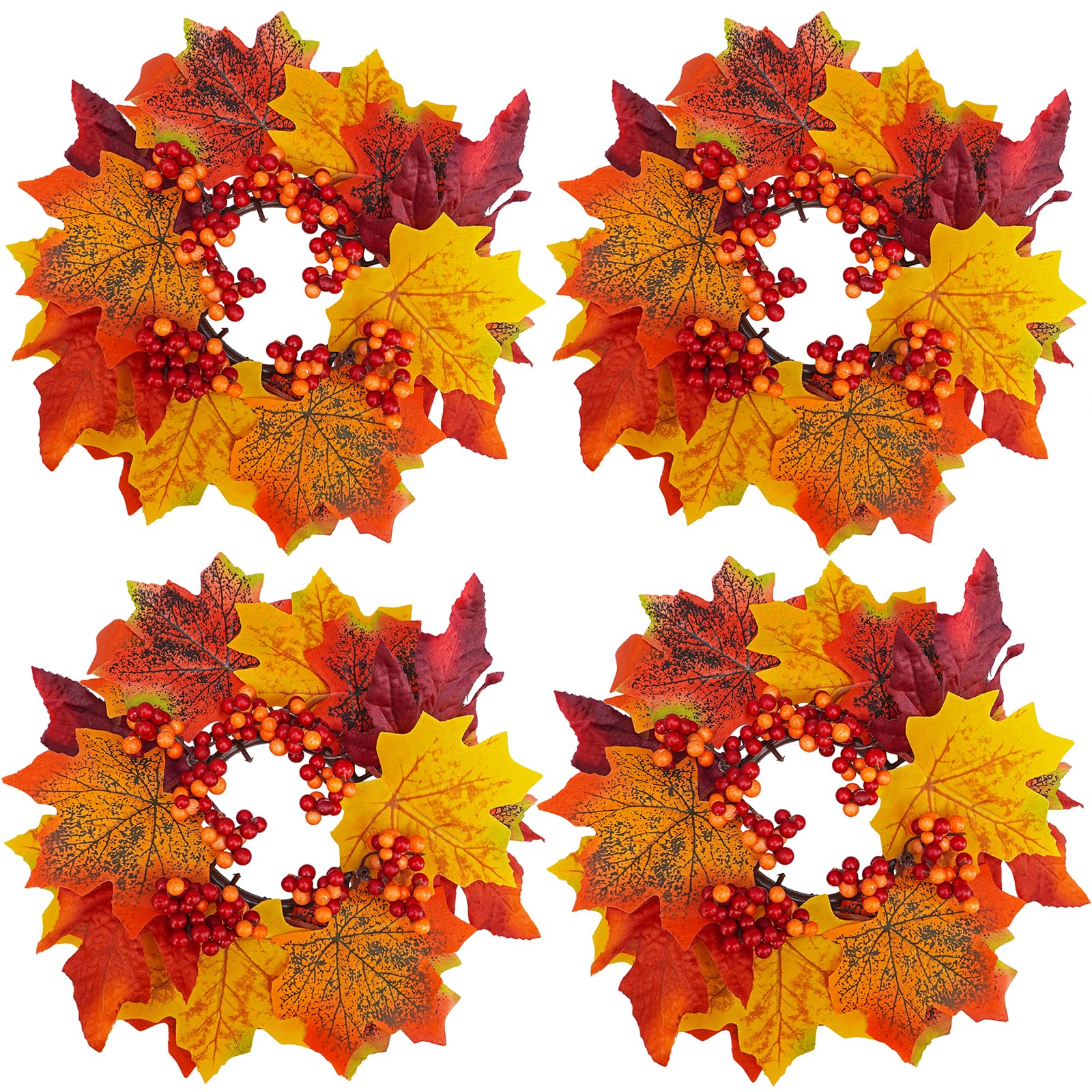 Photo 1 of Winlyn 4 Pcs Artificial Maple Leaves and Berries Candle Rings Fall Candle Holders Small Candle Wreath Rings 11" Wide for Farmhouse Fall Thanksgiving Halloween Wedding Centerpiece Table Door Décor