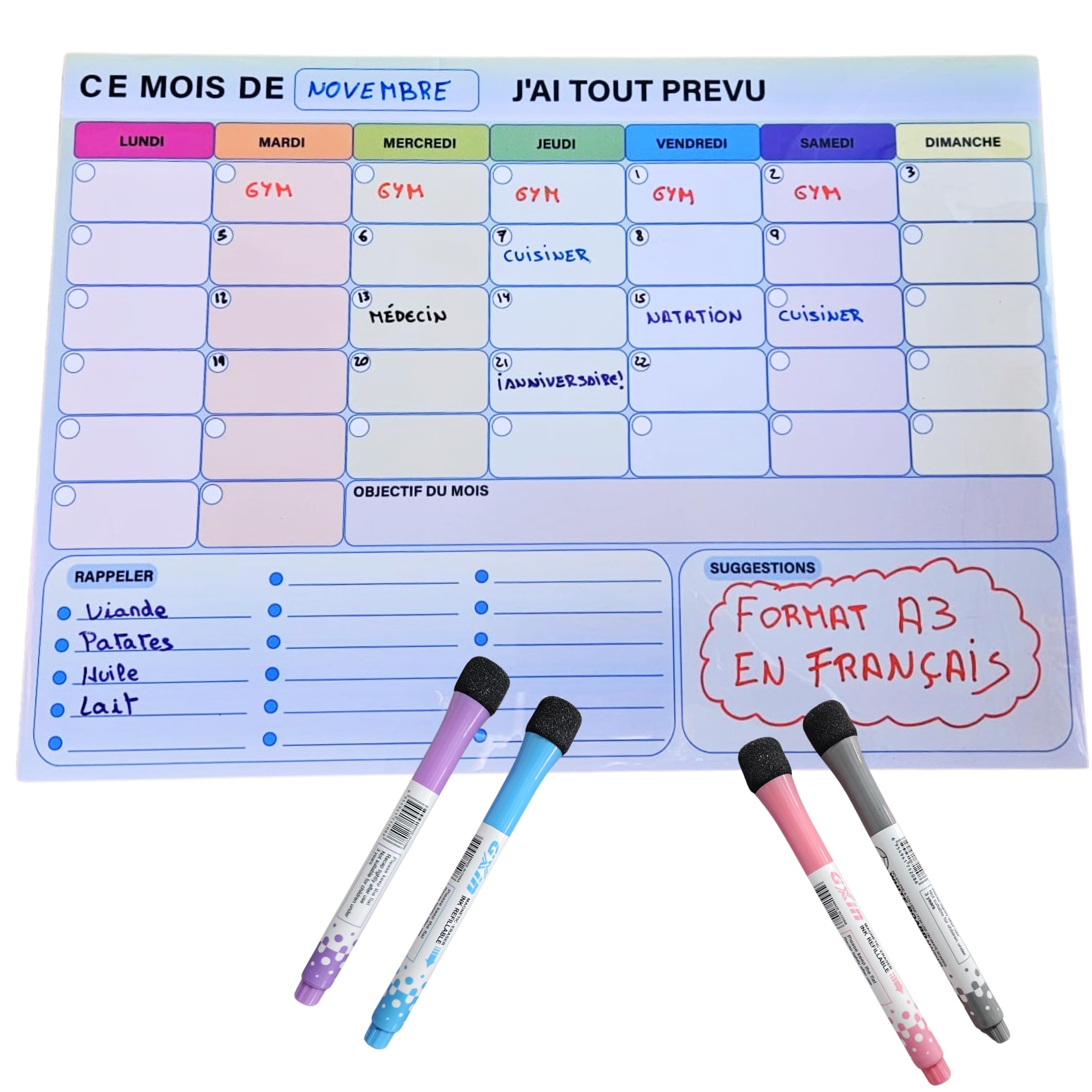 Magnetic Fridge Calendar - Fridge Planner - Magnetic Fridge Board - Magnetic Board - 4 Colour Markers - Shopping List - Notes