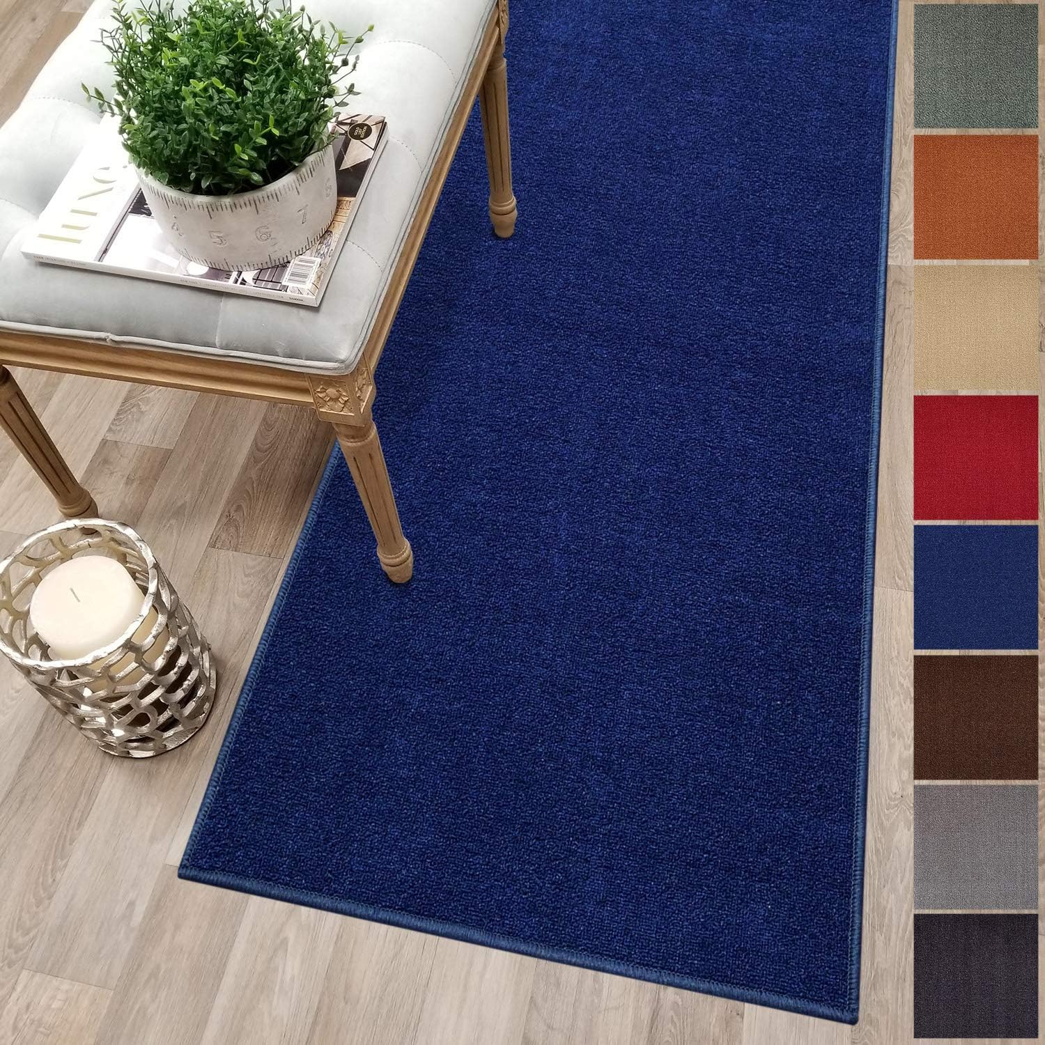 Rugs, Pads & Protectors - Kapaqua Custom Size Solid Plain Rubber Backed Non-Slip Hallway Stair Runner Rug Carpet Navy Blue, 22in x 5ft