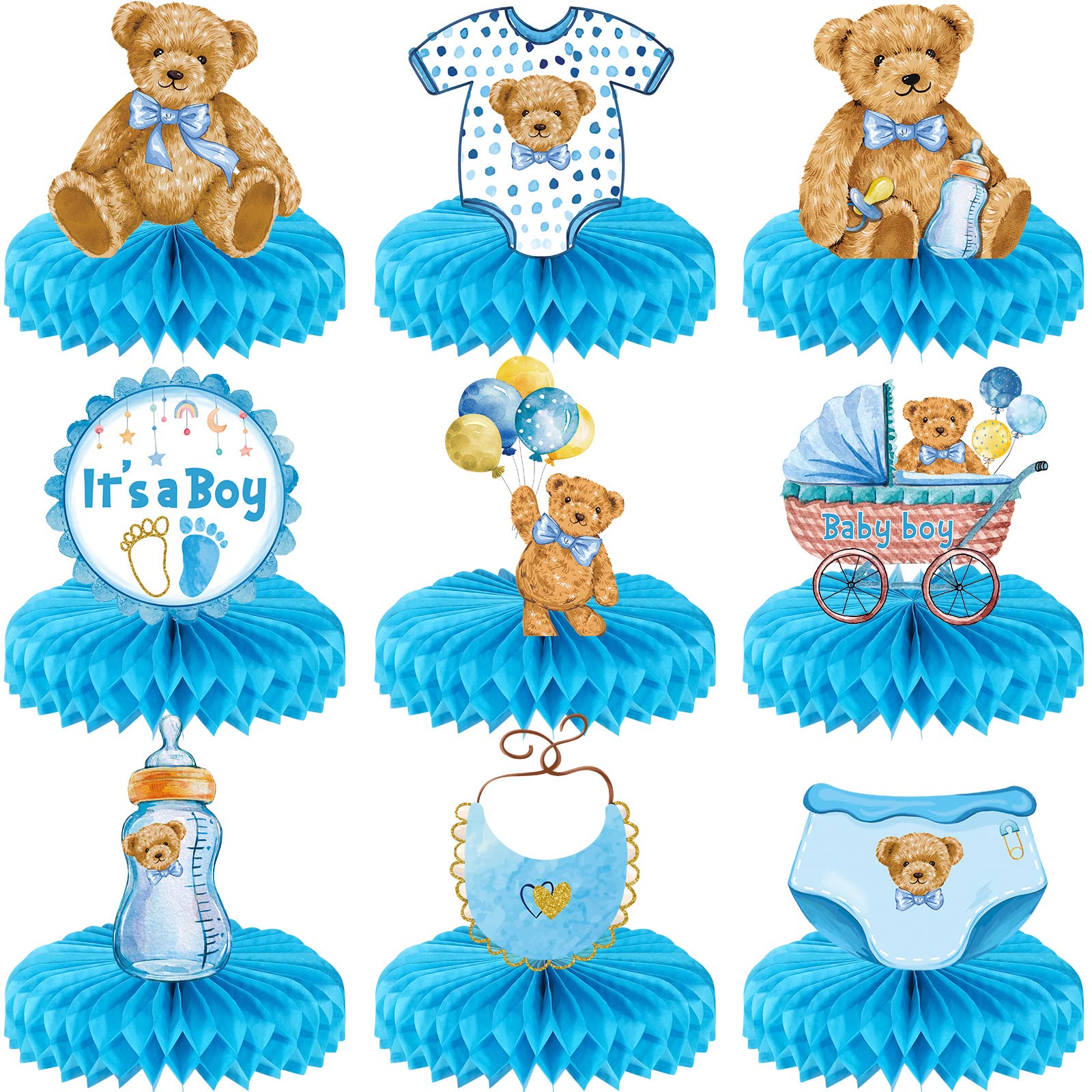 Photo 1 of 9 Pcs Bear Honeycomb Centerpieces It's a Boy Baby Shower Table Decorations Blue Bear Party Supplies Bear Themed Kids' Party Centerpieces Table Topper Decoration for Gender Reveal Parties