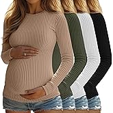 Sweetyweee 4 Pack Womens Maternity Shirts Ribbed Knit Long Sleeve Pregnancy Tops Casual Crew Neck Basic Tunic Shirts