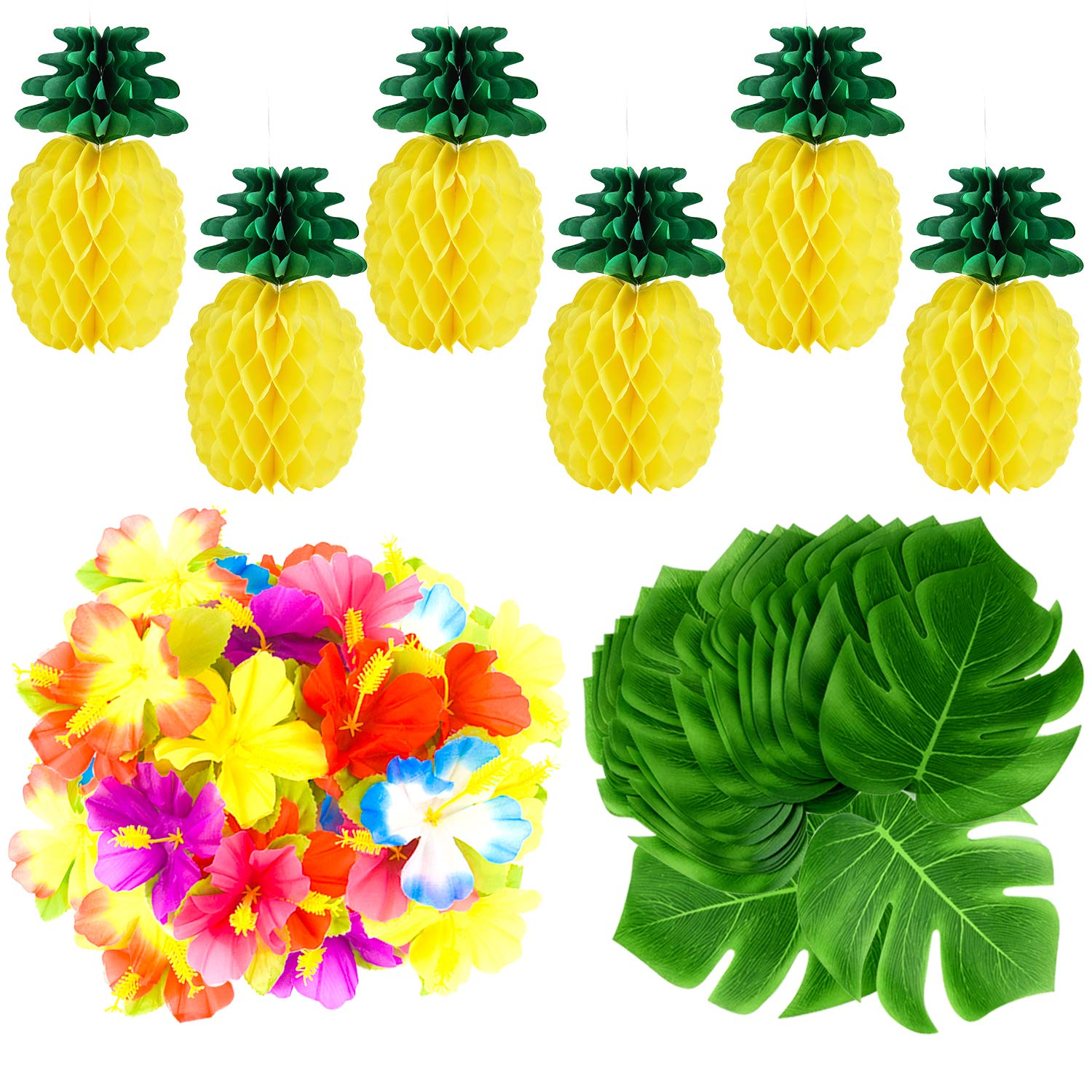 TUPARKA 66 PCS Tropical Luau Party Decoration, 6 PCS Tissue Paper Pineapples with 30 PCS Tropical Leaves 30 PCS Hibiscus Flowers for Hawaiian Flamingo Pineapple Aloha Party Decorations Supplies