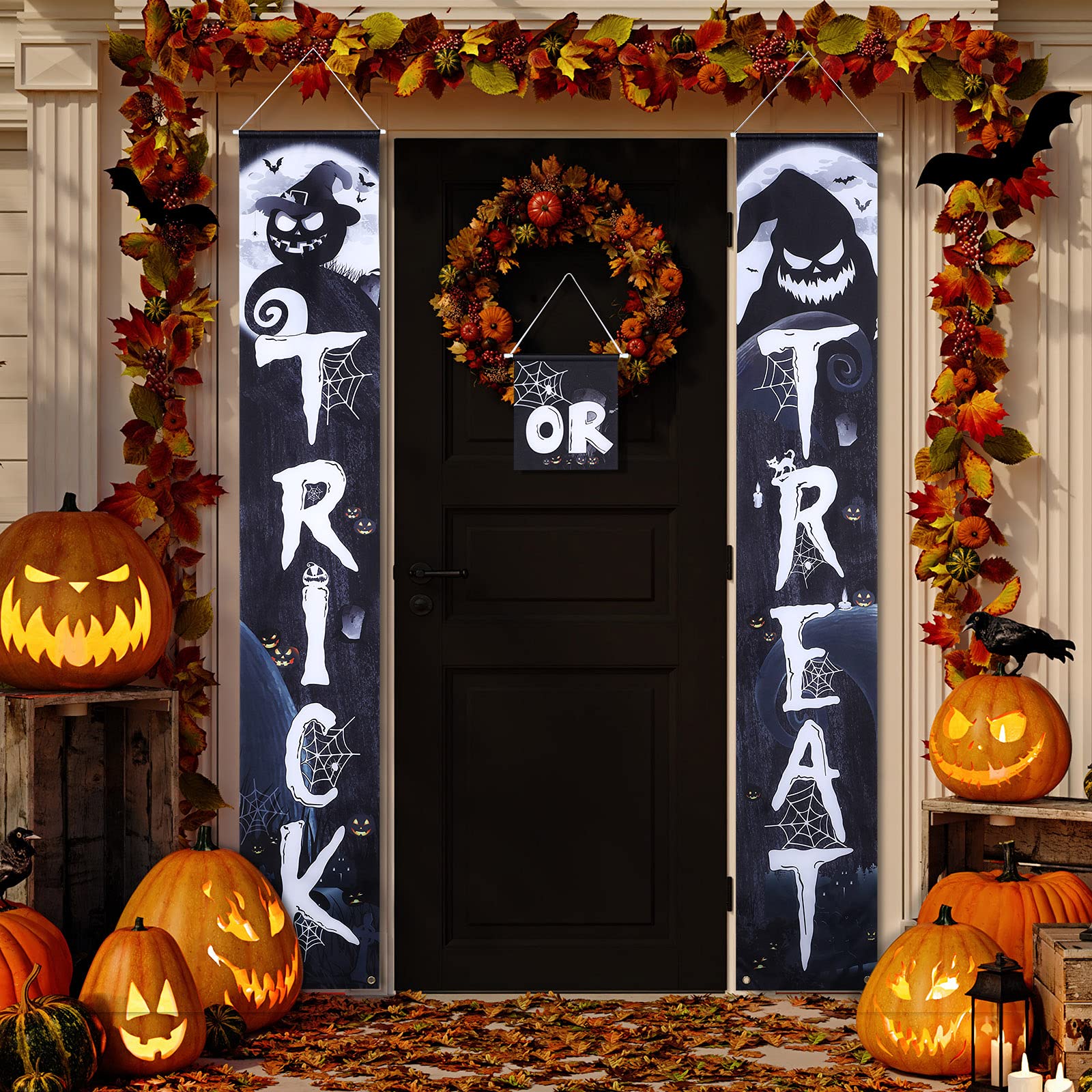 Irenare 3 Pieces Halloween Trick or Treat Porch Signs Christmas Before Decoration Halloween Porch Banner Welcome Sign for Gate Garden Front Door Home Outdoor Yard Party Decor Supplies