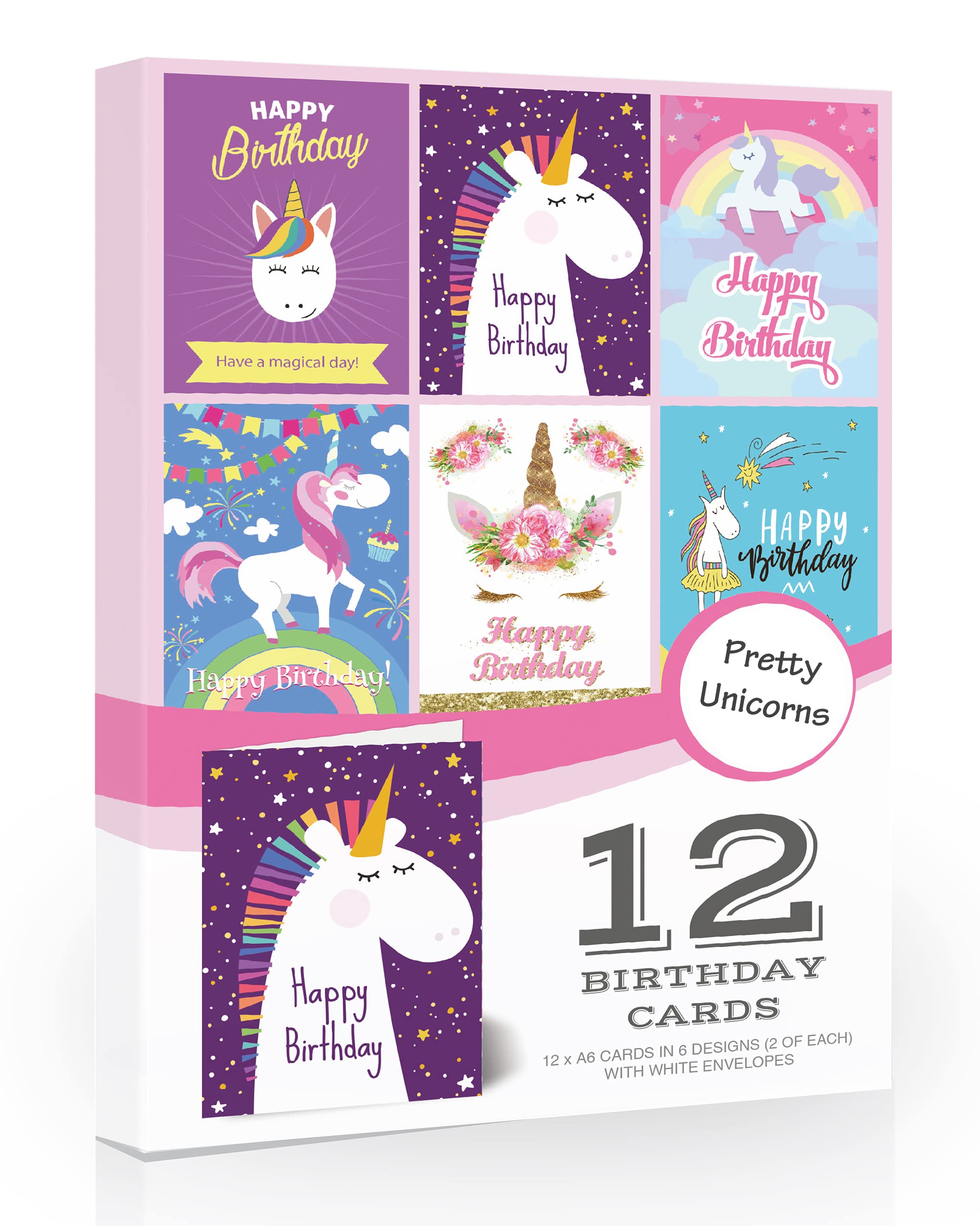 Olivia Samuel 12 x Unicorn Birthday Cards - Value Pack Fun Unicorn Designs with Envelopes