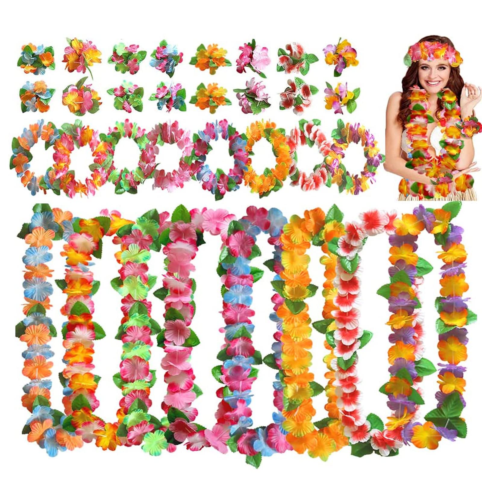 32Pcs Hawaiian Leis Garlands for Summer Beach and Tropical Party Decorations, Fancy Dress Flower Garden Decor