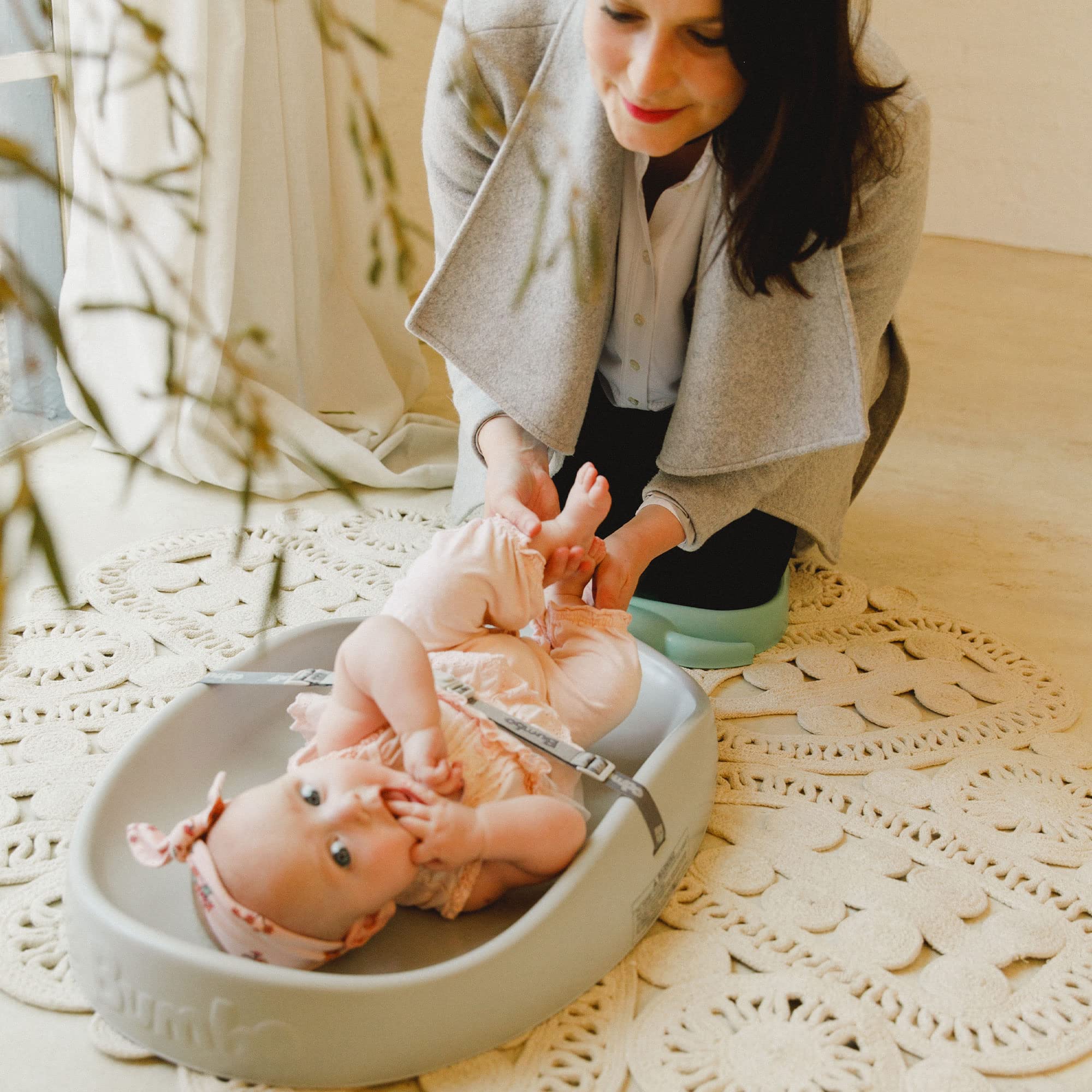 Bumbo Baby Changing Pad for Dresser or Table Top, Portable & Wipeable Non Slip Soft Contoured Diaper Change Station with Harness, Cool Grey