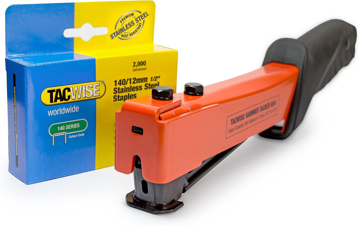 Tacwise 1262 A54 Heavy Duty Hammer Tacker with 2000 140/12mm Staples, Uses Type 140 / 6, 12 mm Staples, Orange / Black
