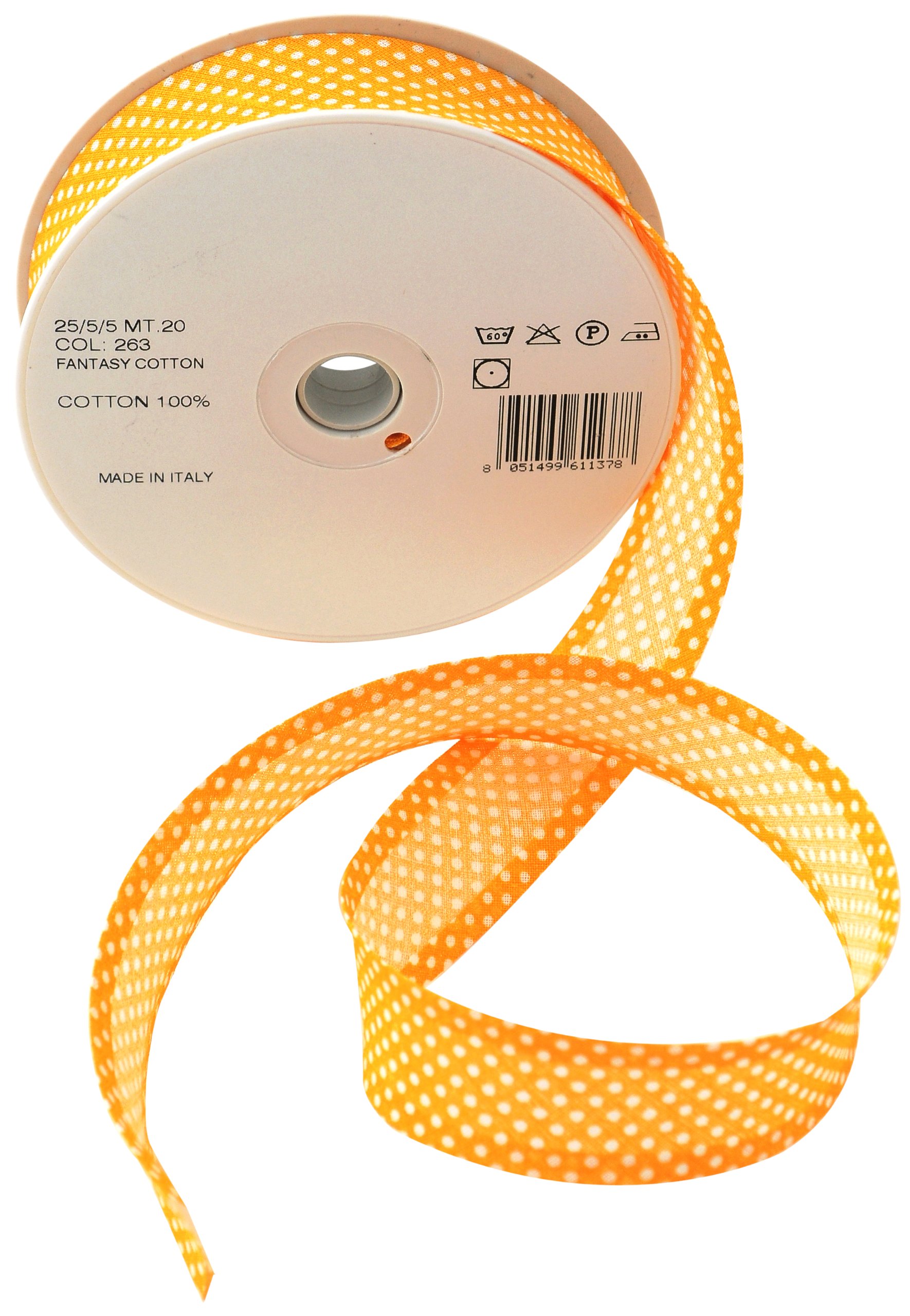 Inastri 25/ 5/ 5 mm Cotton Bias Binding in Marigold Polka White 263