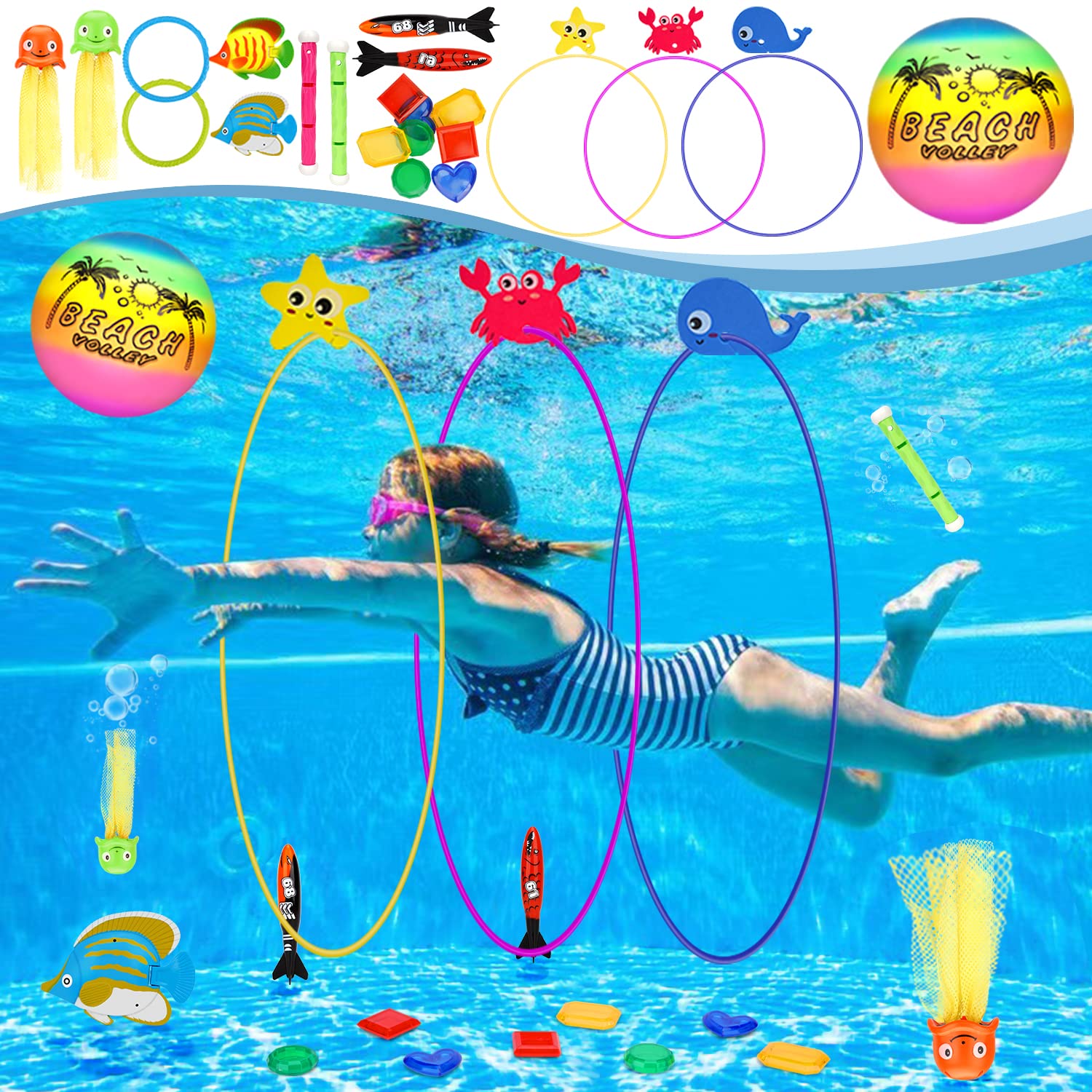 MutoToy® Swimming Pool Toys, 27PCS Diving Pool Toys with Storage Bag, Diving Rings, Ball, Diving Sticks, Colourful Sinkers for Swimming Kids, Water Toys for Diving Training, Swimming Pool Party