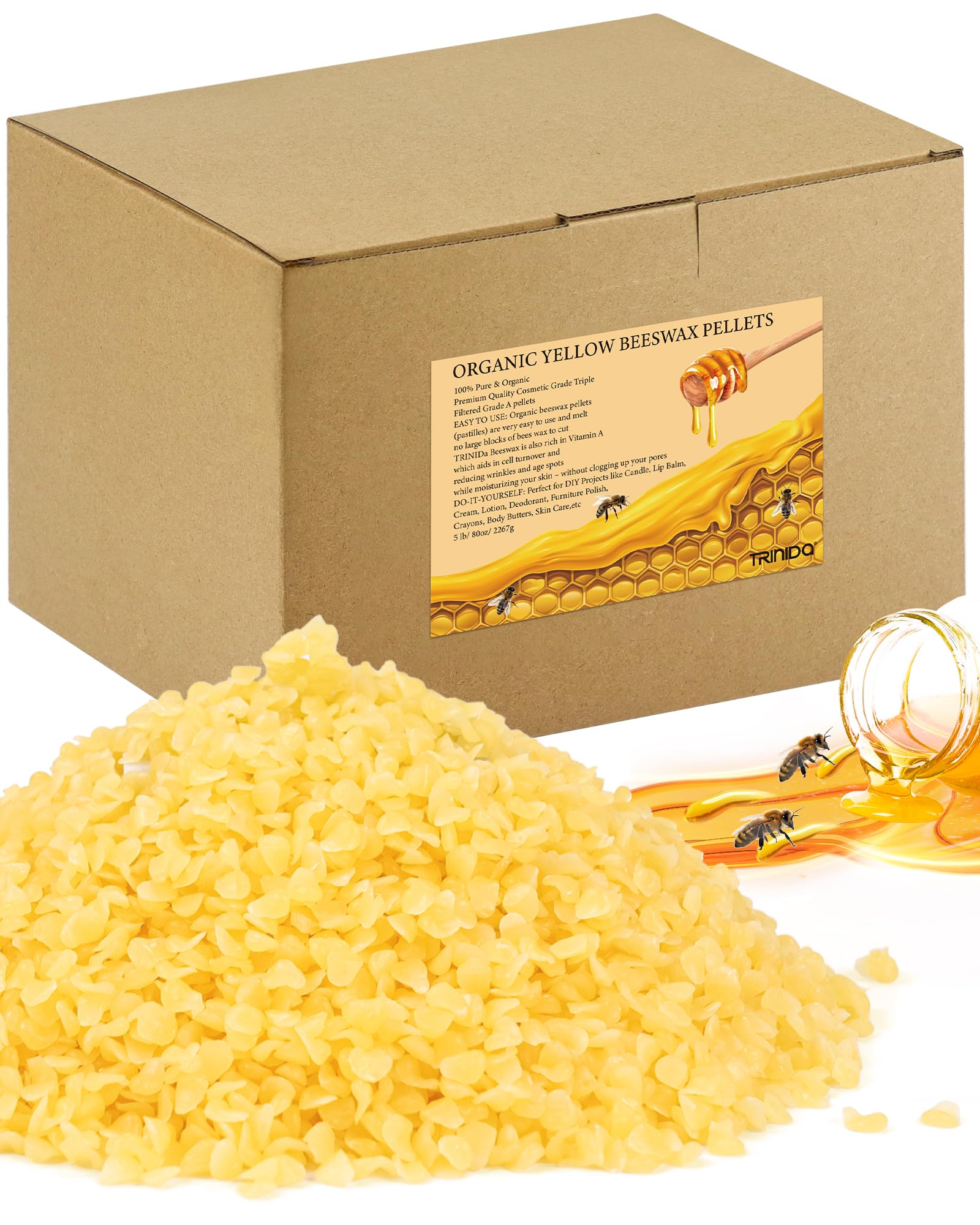 TRINIDa Beeswax Pellets 2.27kg, Yellow Bees Wax for DIY Candles, Beeswax for Candle Making, Skin, Body, Face, and Hair Care, Lotions, DIY Creams, Lip Balm and Soap Making Supplies