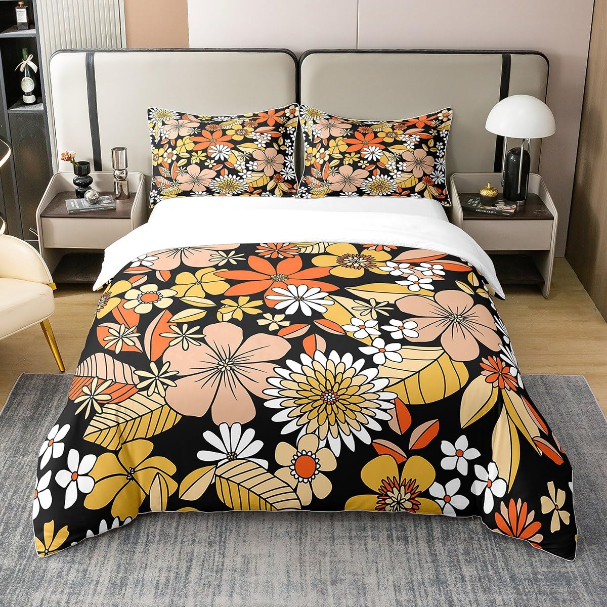 Cotton Vintage 60S 70S Groovy Floral Bedding Set Single,Retro Hippie Flowers Duvet Cover Boho Trippy Style Comforter Cover Natural Garden Botanical Quilt Cover Aesthetic Room Decor for Teen Girls