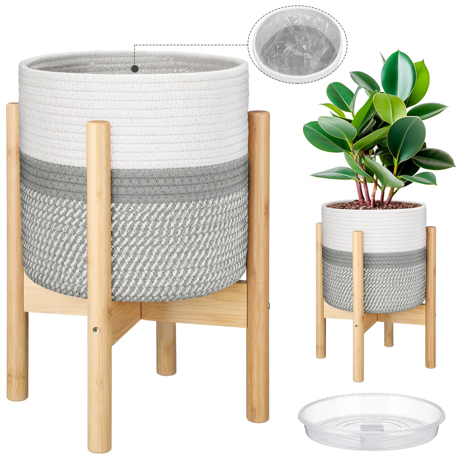 Photo 1 of Sunnychicc Plant Basket with Stand Indoor Planter Pot Holder Sturdy Jute Rope Modern Woven Basket, Cotton Rope Woven Pot with Bamboo Stand(10 Inch,White and Gray)