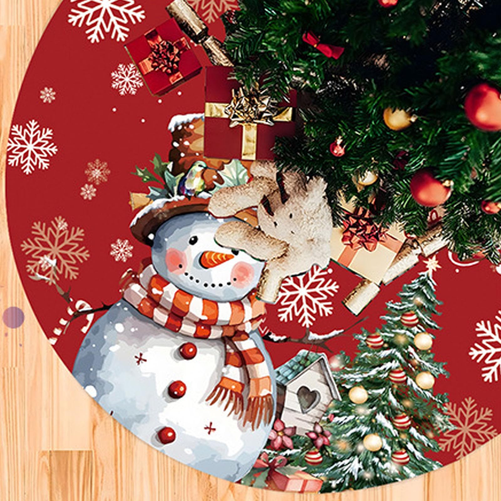 Snowman Christmas Tree Skirt 36 Inches, Xmas Tree Skirts Christmas Tree Mat, Red Backgrond Snowflake Pencil Tree Skirt, Snowman Snowflaks Christmas Tree Decorations for Home Party Holiday Decorations