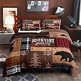 LUVIVIHOME 3PCS Rustic Cabin Comforter Set Queen Size, Farmhouse Bedding, Black Bear Deer Elk Moose Forest Animal Wildlife Hunting Country Brown Patchwork White Red Plaid Lodge Quilt, 2 Pillow Shams