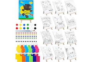 Tenceur 48 Pcs Kids Paint Party Favors Sets with 12 Pcs Animals Oceans Pre Drawn Canvas Panel and Wooden Easel Set Paint Pots and Brushes 12 Mini Apron and Tote Bag for Kids Girls Student Boys
