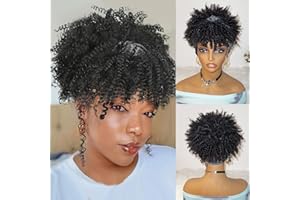 DEYNGS Black Kinky Curly Headband Wig Afro Headband Wigs Short Afro Puff Wigs Curly Hair with Bangs Head Wrap 2 in 1 for Women Black Scarf 2 in 1 Headwrap Synthetic Half Wig