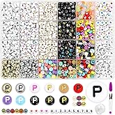 MIIIM 1200pcs 12 Styles Letter P Alphabet for Bracelets Making, 4x7mm Round Letter Beads, Vowel Beads for Friendship Bracelets Making, Numbers, Hearts in 24 Grid Box