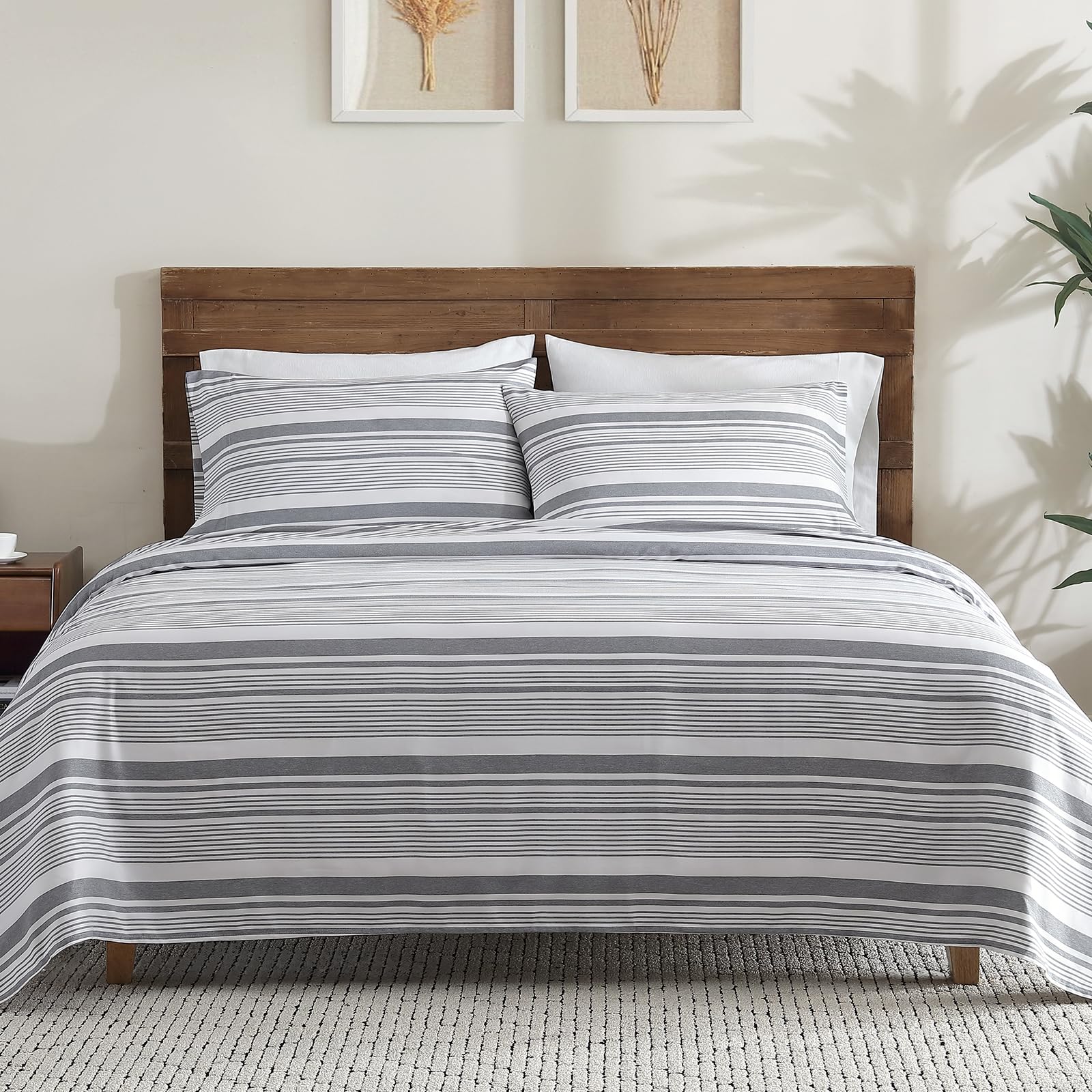 Photo 1 of ClevaHome Classic Stripe Sheet Set - 3 Pieces Super Soft & Breathable Bed Sheet Set with Deep Pocket, Enhanced Comfort & Easy Care (Twin, Stone Stripe)