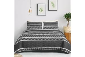 WONGS BEDDING Gray Quilt Set Queen, Boho Striped Triangle Printed Bedspread Coverlet for Summer, 3 Pieces (1 Quilt + 2 Pillowcases),Microfiber Lightweight Bohemian Bedding Quilt Coverlet 90"x96"