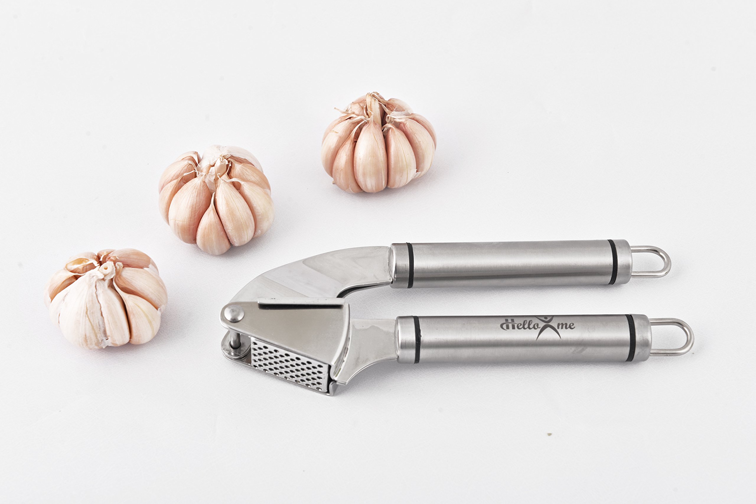 Garlic Press With Peeler and Brush Set,Hello X Me High-End Stainless Steel Garlic Press, Top Quality Garlic Mincer, Garlic Crusher, Garlic Masher and Silicone Roller, Soft-Handled Garlic Press