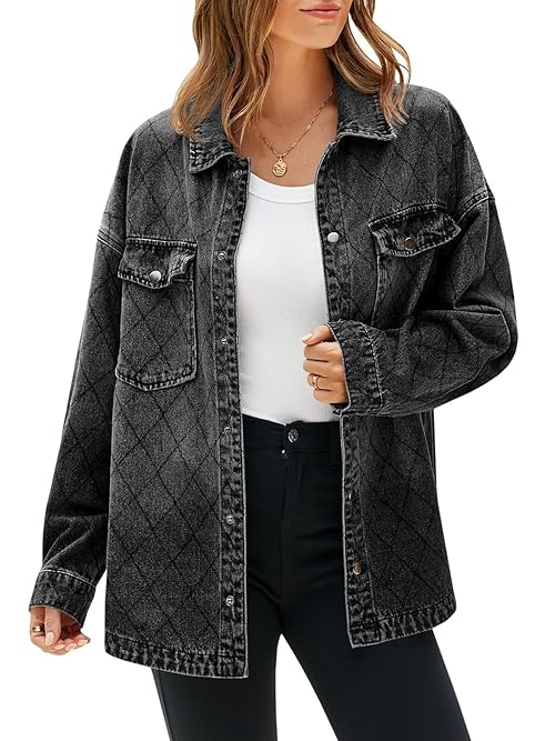 Tankaneo Womens Oversized Denim Jackets Trendy Diamond Quilted Button Down Jean Shackets Casual Lightweight Jackets