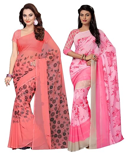 Combo Of 2 Poly Georgette Multicolor Printed Women Saree