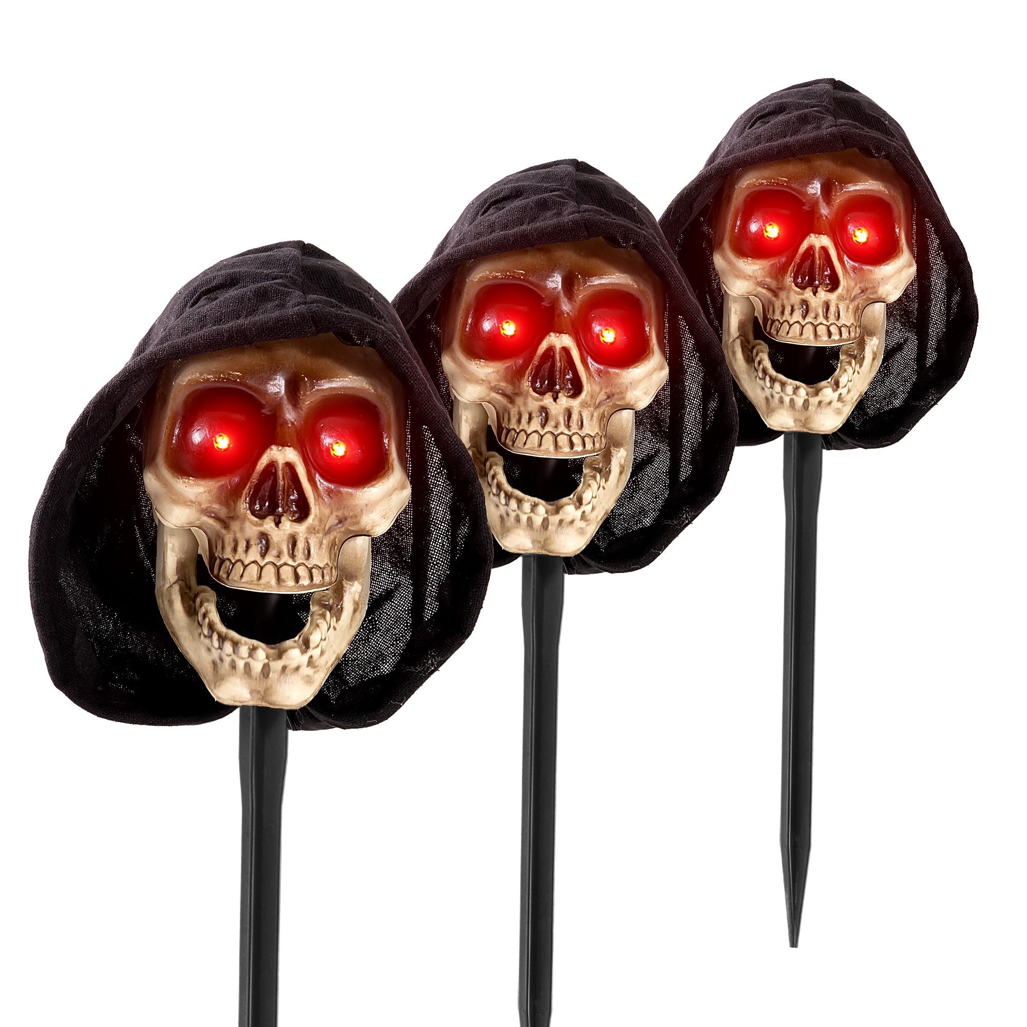 Photo 1 of Halloween Animatronics Decorations Grim Reaper Pathway Markers, Scary Talking Skull Stakes with Sound Activated, Light Up Eyes, Mouth Move, Spooky Haunted Horror Prop for Lawn Yard, Outdoor, (3Pack)