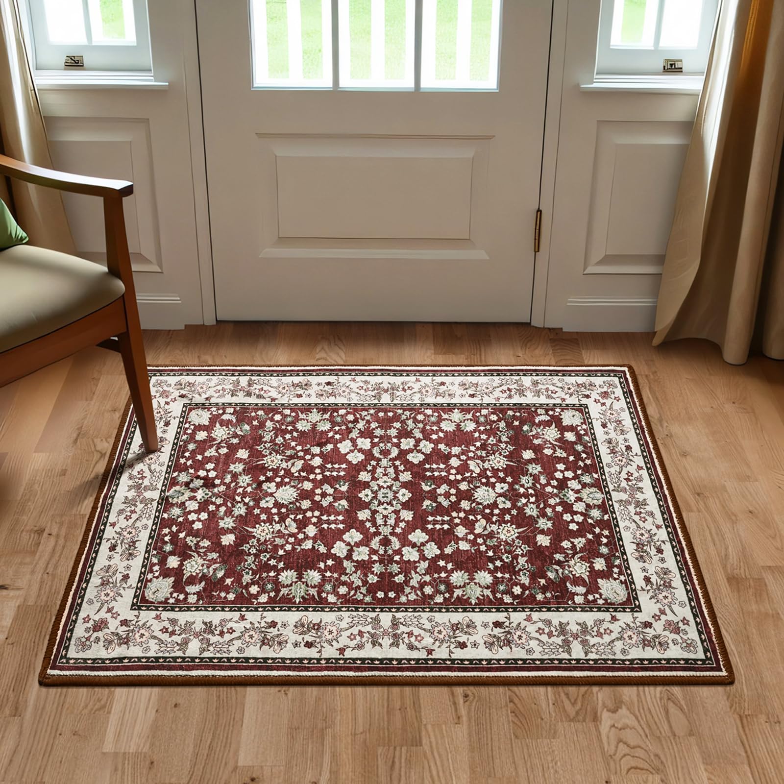 Photo 1 of Softlife 2x3 Small Floral Rugs for Entryway Machine Washable Area Rugs Vintage Throw Rug for Bedroom Non-Slip Accent Rug Entrance Door Mat Thin Carpet for Kitchen, Maroon and Beige