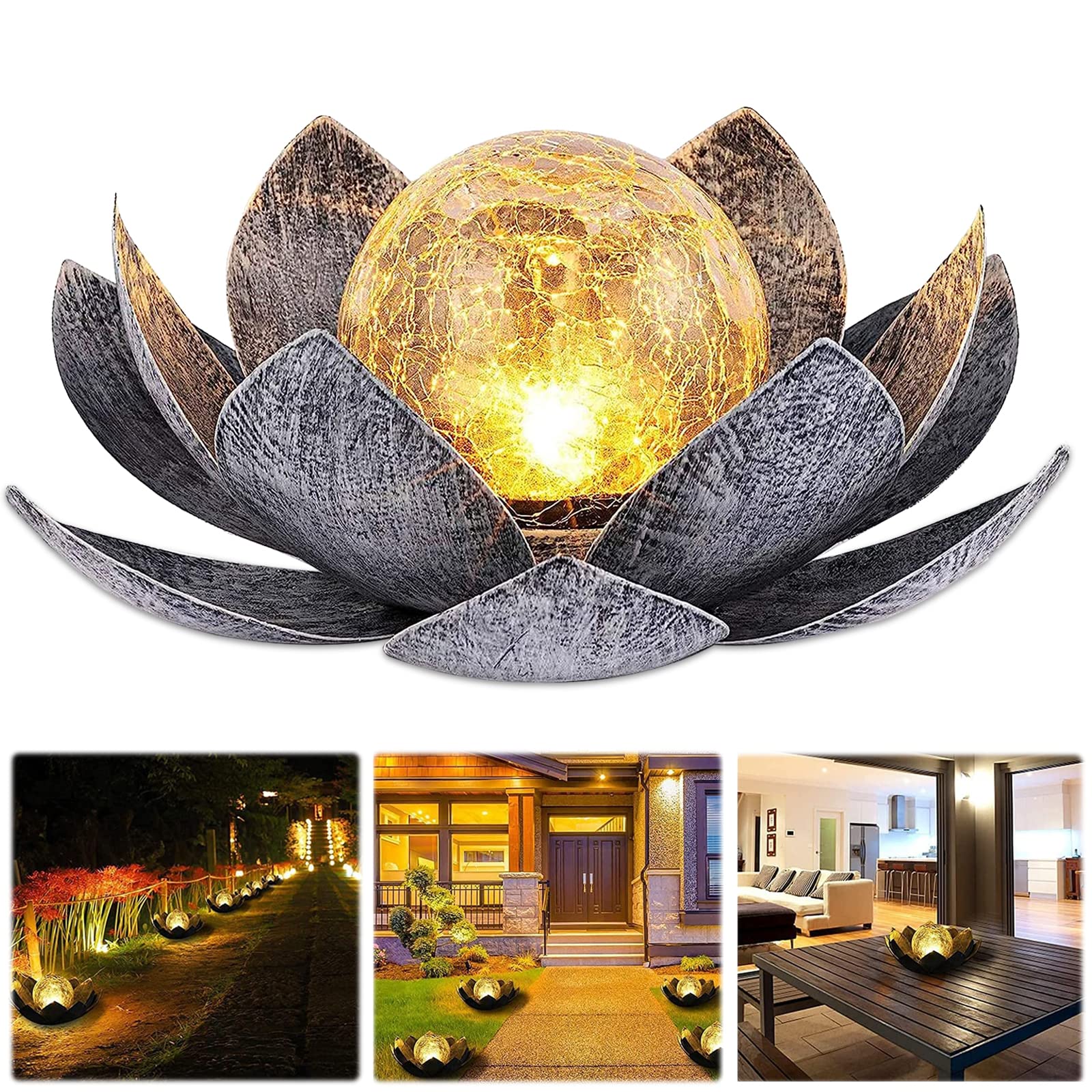 Lemotoy Solar Light for Outdoor, Lotus Flowers Solar Lantern with Bright Warm White Light Effects, IP44 Waterproof Garden Solar Lights for Patio, Yard, Lawn, Balcony