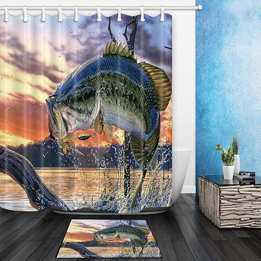 Amazon Com Nymb Fishing Shower Curtain Bass Fish With Hook Out