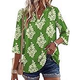 Rapbin Womens 3/4 Sleeve V Neck Floral Print Pleated Blouses for Women Dressy Casual Loose Fit Tops