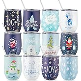 Sliner 12 Pack Wine Tumbler 12 oz Stainless Steel Glass Cup with Straw and Brush Santa Elk Coffee Mug for Xmas Party Favor (Snowman)
