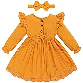 Sinhoon Toddler Fall Dress Baby Girl Dress Ruffle Long Sleeve Toddler Girl Dress Smocked Baby Fall Dresses with Bow Headband