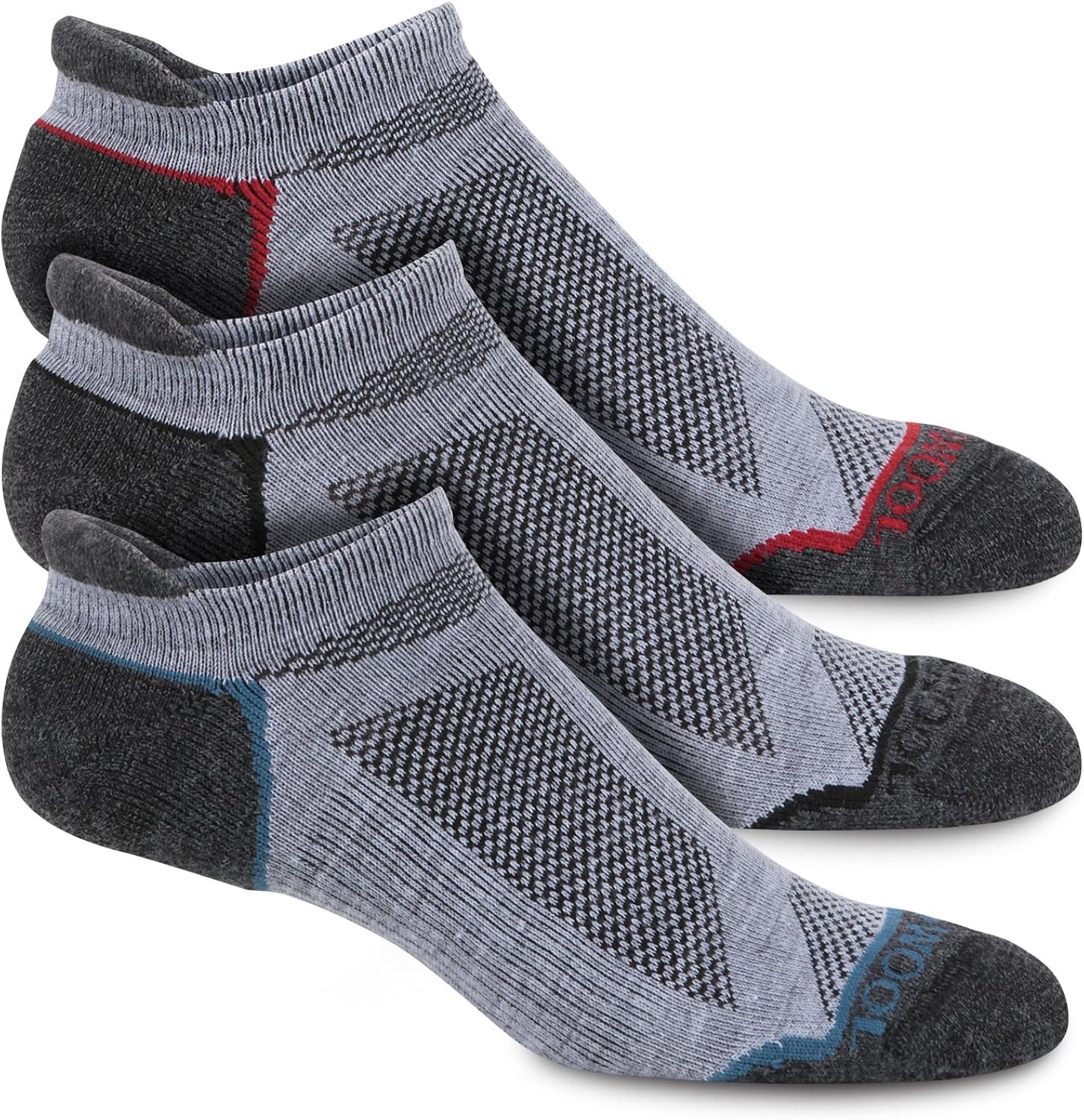 Omni Wool 3 Pack Endurance Pro No Show Socks, Charcoal Red