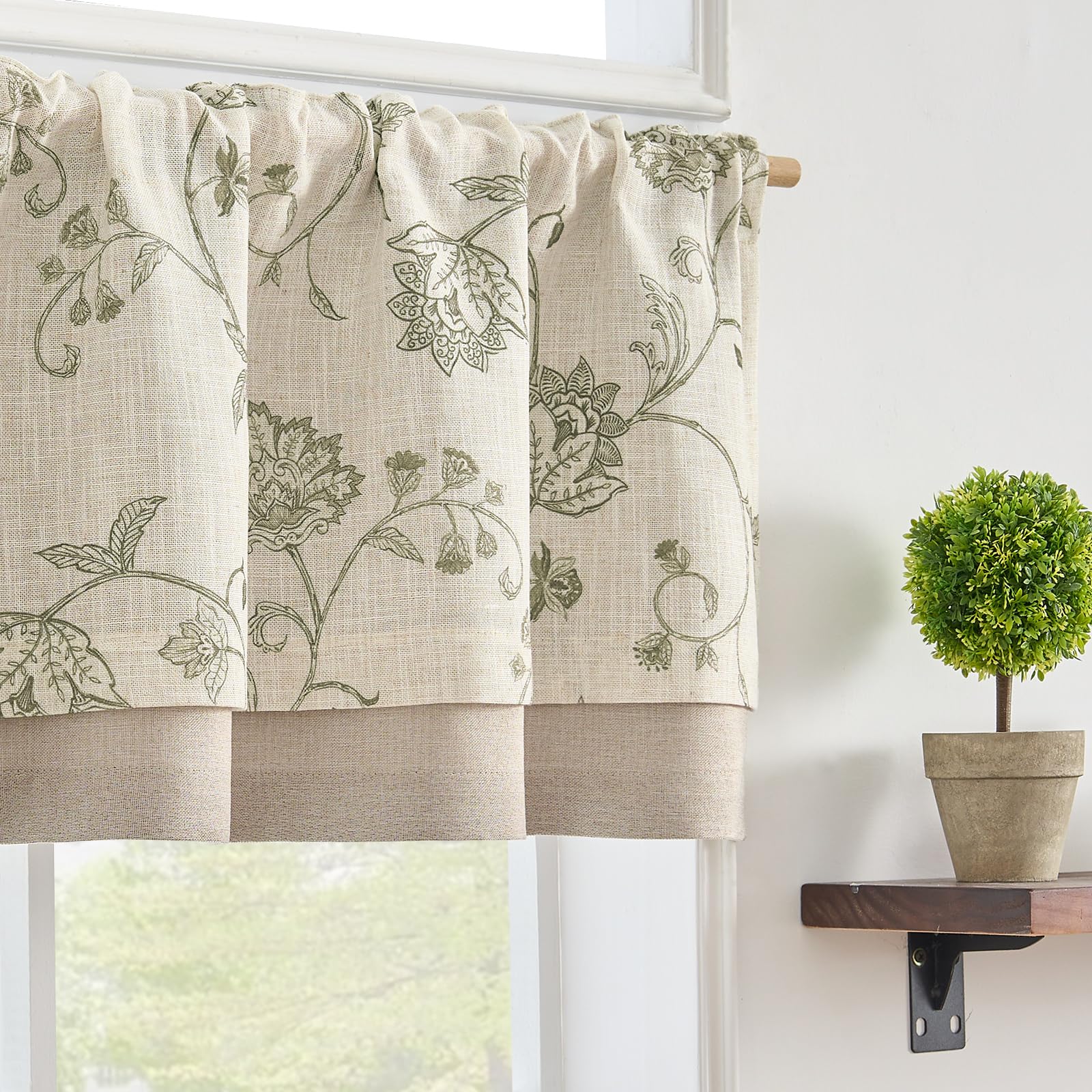 Photo 1 of jinchan Linen Blend Rustic Green Floral Valance Double Layer Blackout Valance 18 Inch Cottagecore Farmhouse Window Treatment Decor for Kitchen Bedroom Living Room Rod Pocket 1 Panel Sage on Beige