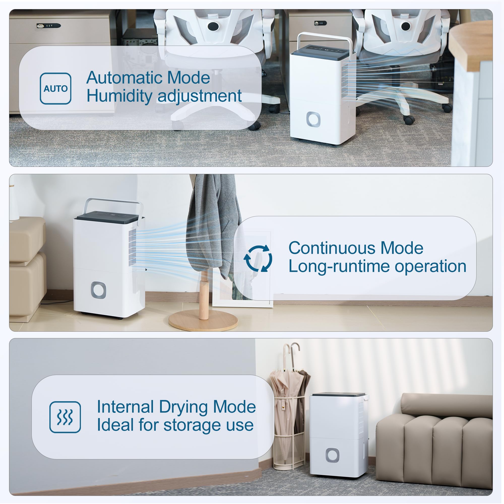 Megonia Elektrischer Luftentfeuchter für Haus: 65L/Tag, Automodus, 4.5L Wassertank mit Ablaufschlauch, Leise Raumentfeuchter für Keller, Büro, Schlafzimmer, Badezimmer, Wohnung, Küche bis 120m² 4
