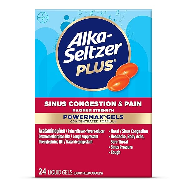 ALKA-SELTZER PLUS MAXIMUM STRENGTH POWERMAX SINUS CONGESTION AND PAIN LIQUID GELS – NASAL DECONGESTANT, COUGH SUPPRESSANT, AND PAIN RELIEF FOR ADULTS AND CHILDREN 12 YEARS AND OLDER, 24 COUNT