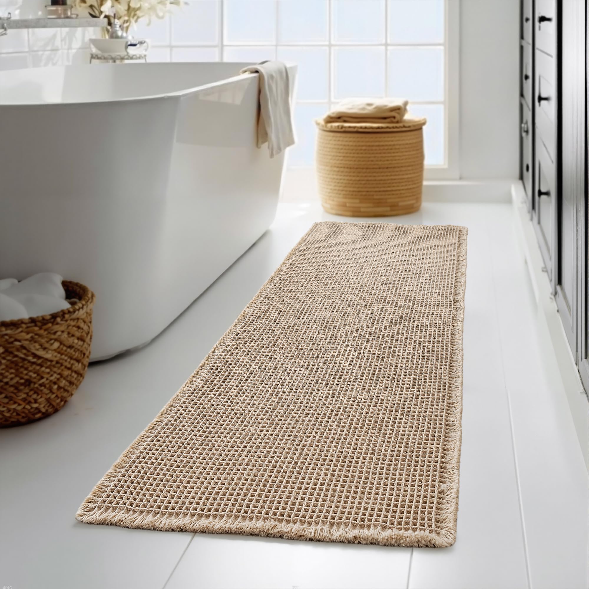 Photo 1 of KGORGE Waffle Bath Mat, Ultra Soft 60" X 24" Long Bathroom Rug with Tassels, Non Slip Farmhouse Floor Cover Super Absorbent Quick Dry Large Rugs for Bathroom Shower Tub Toilet Kitchen, Brown, 1pc