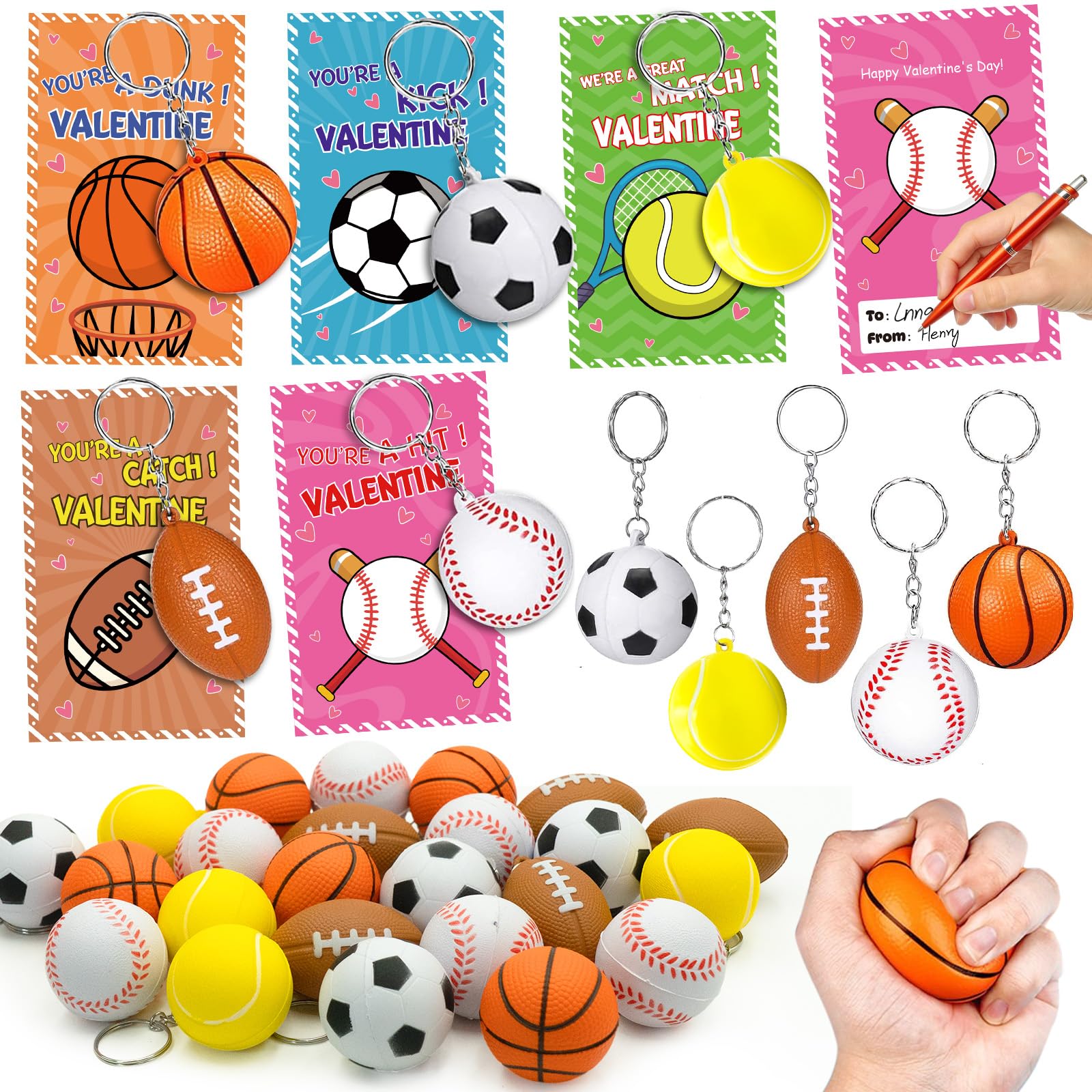 PIONJOY 30 Pack Easter Gifts for Kids ,Sports Keychain Stress Balls with Cards Mini PU Foam Squeeze Toys School Classroom Prizes Game Easter Day Gifts for Kids Boy Girl Easter Party Favors