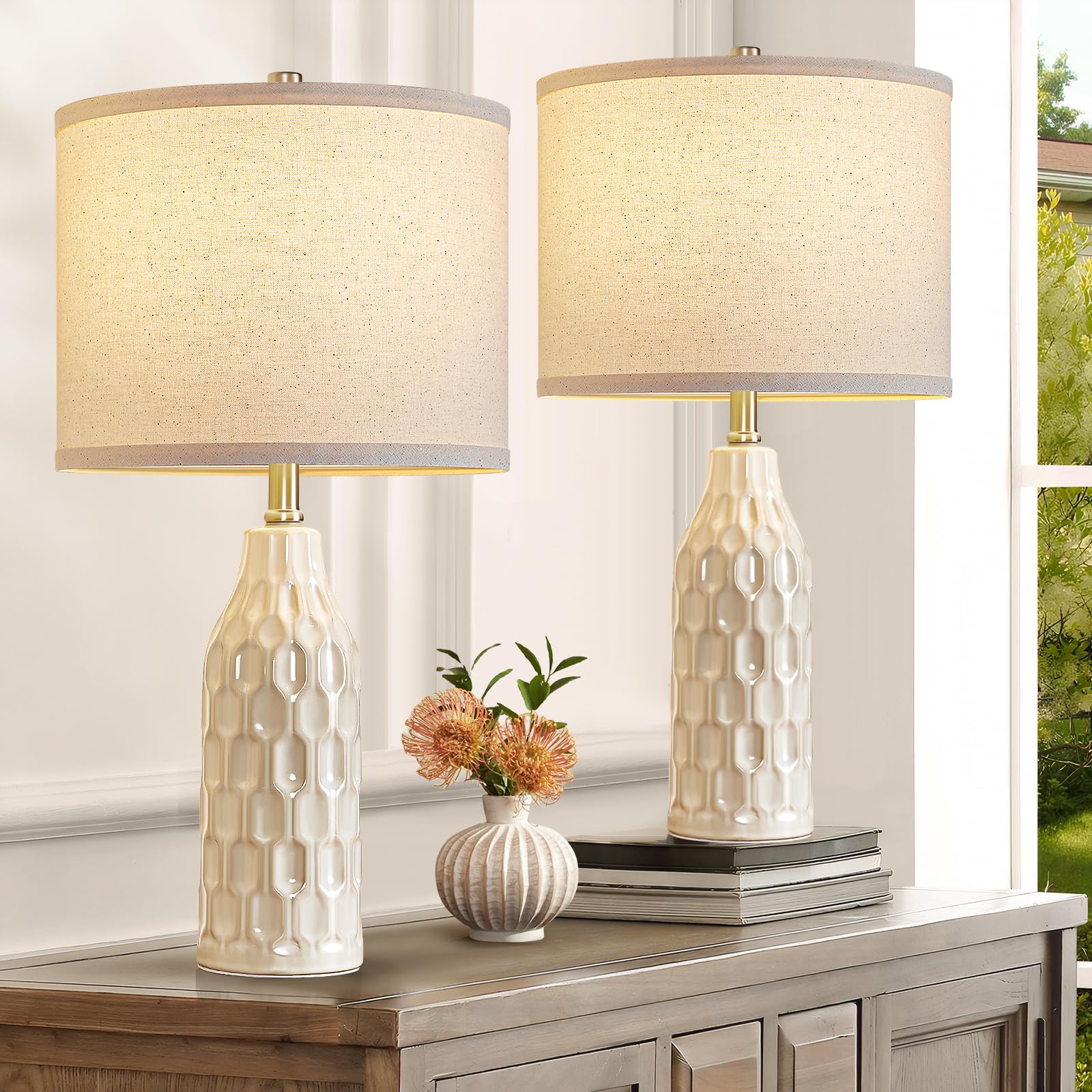 Photo 1 of Luvkczc 24.8" Ceramic Table Lamps Set of 2 for Nightstand - 3 Color Temperature&Bulbs Included, Bedside Lamps for Living Room Bedroom Home Office Table Decor, Navy Blue