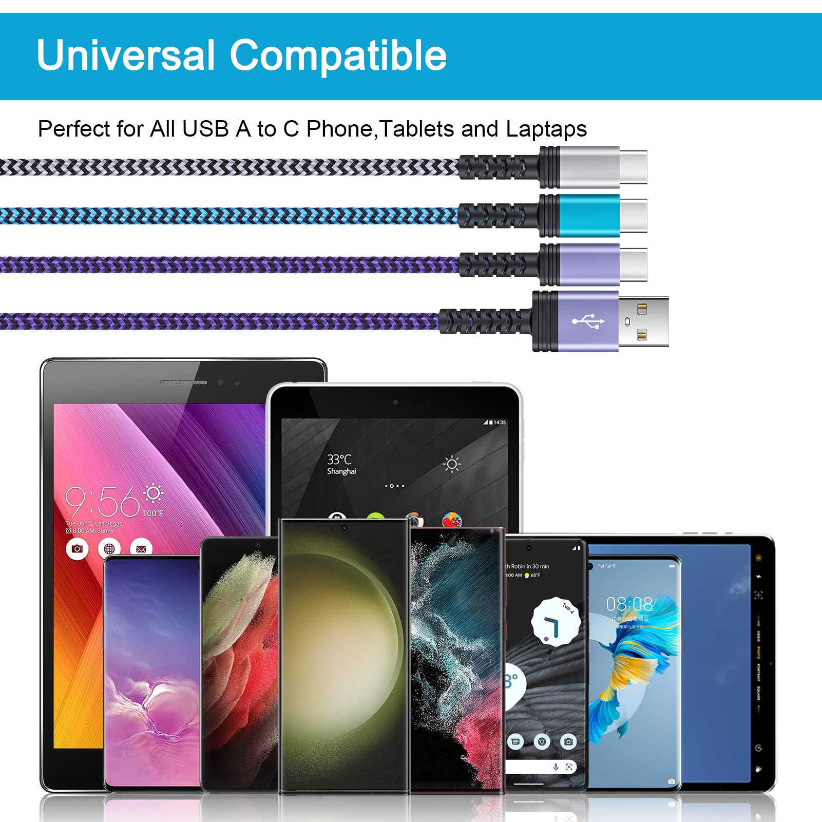 S23 USB Type C Cable Fast Charging Android Phone C Charger Cord [3 Pack,6ft] for Samsung Galaxy S23 Ultra/S23+/S22/S21/S20,Z Flip7 4,S24/S24 Ultra/S25 Ultra/S25,Power Car Cable for Moto,Google Pixel 9
