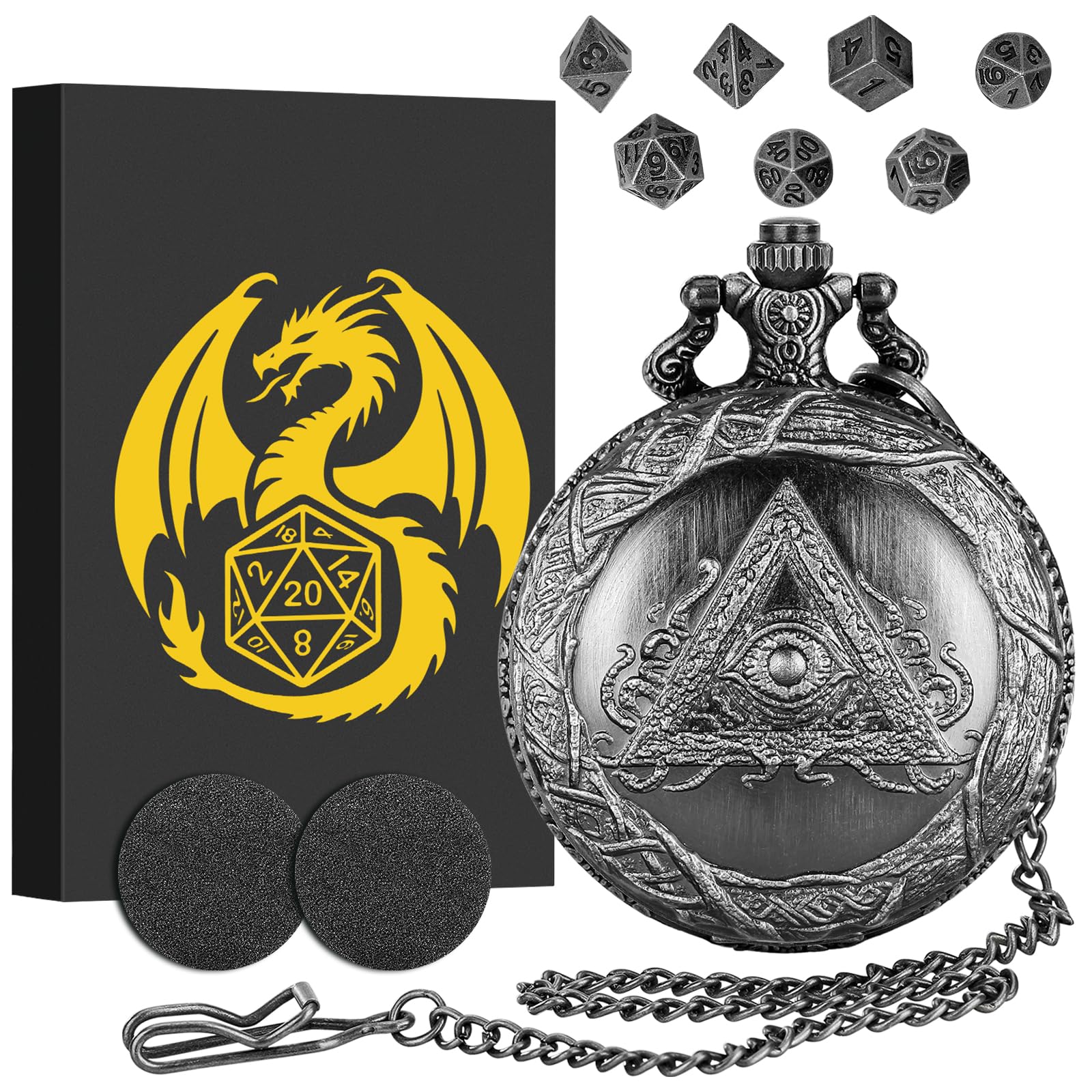 Mini DND Dice Set with Steampunk Monocular Triangle Pocket Watch Shell Case, 7pcs Polyhedral Metal Dice Set, DND Starter Set, D&D Gifts with Gift Box, Role Playing Board Game Accessories, Silver