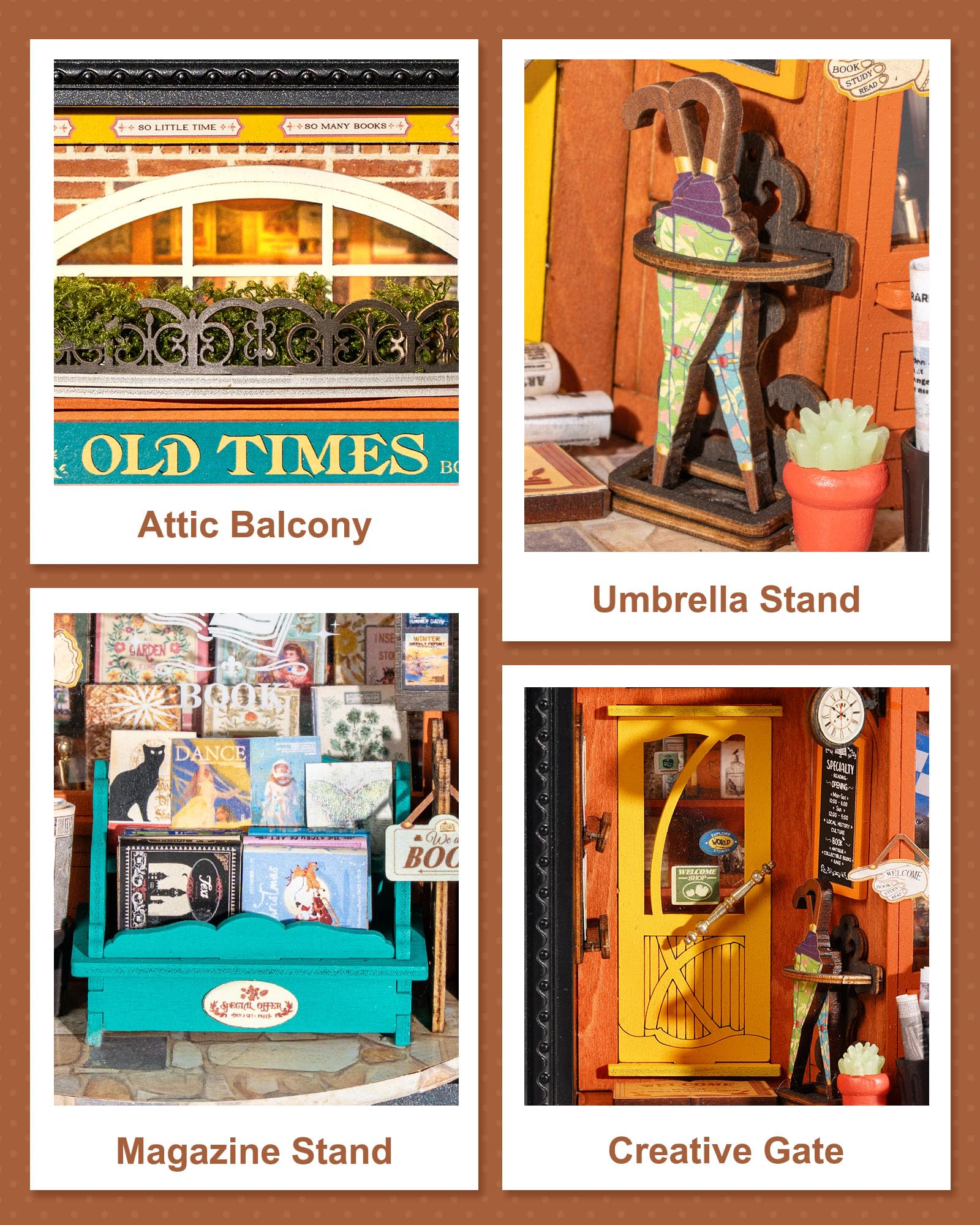 Rolife DIY Miniatur Haus für Erwachsene Wandhängbares Miniatur Puppenhaus mit LED Lichtern Wohnkultur 3D Puzzle Kreatives Geschenk für Erwachsene (Alte Buchhandlung) 2