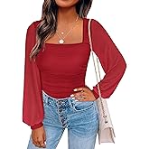 ANRABESS Womens Square Neck Mesh Long Sleeve Tops Double Lined Dressy Business Casual Blouses Shirts 2025 Fall Outfits