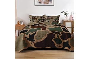 Zzzboro Quilt Set Full Queen Size for Children Kids Adults, Camo Camouflage Duck Hunter Hunting, Bedding Decor Green Military Army Birds Hunt Bedspread Bedroom Coverlet Bed Comforter 2 Pillowcases