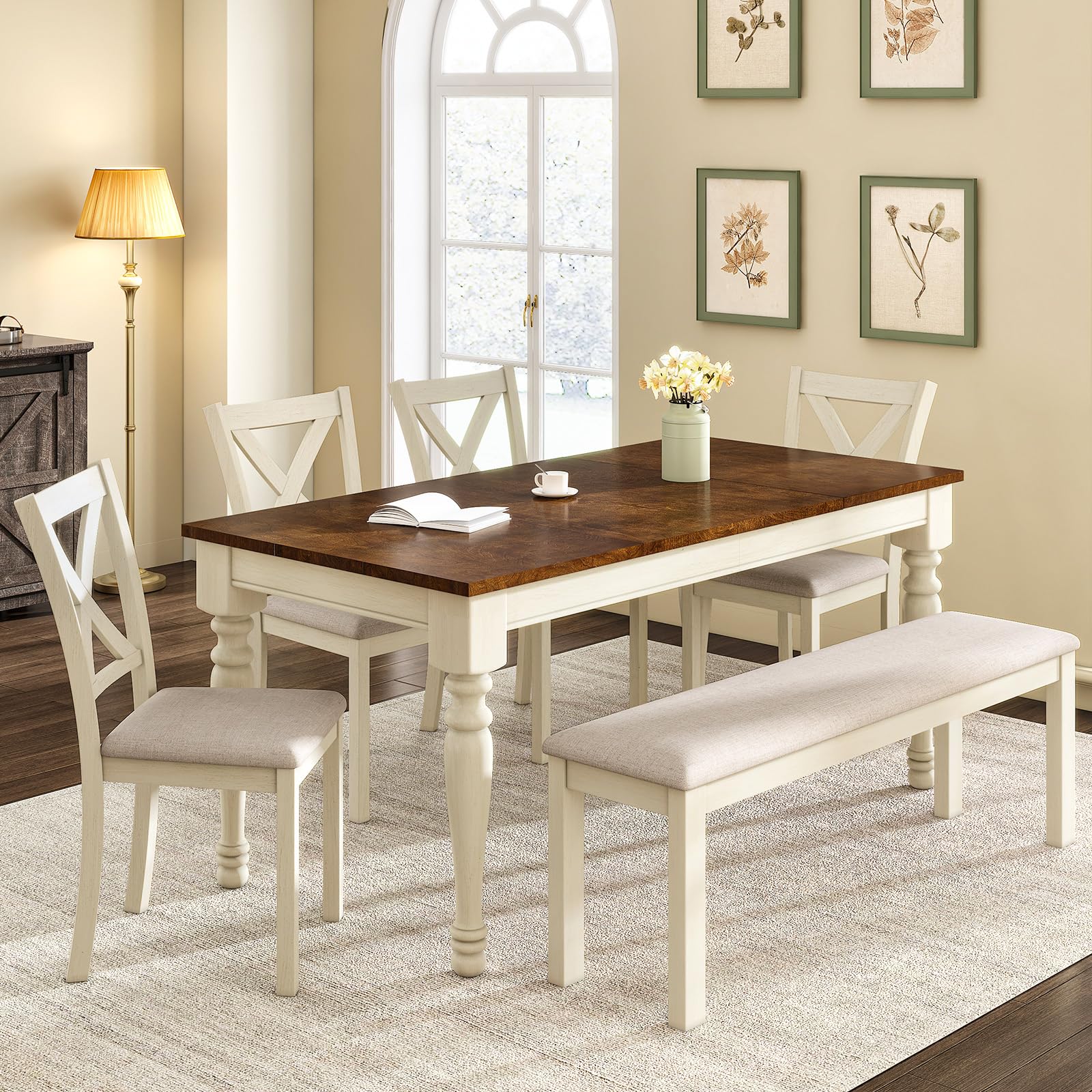 Photo 1 of ***Box 2 of 2**** Partial set****

LUXOAK 6-Piece Solid Wood Dining Table Set, 71" Large Table Set with Upholstered Chair Set w/Bench Seat, Farmhouse Kitchen Table Chairs with Bench Set for Living Room, Dining Room
