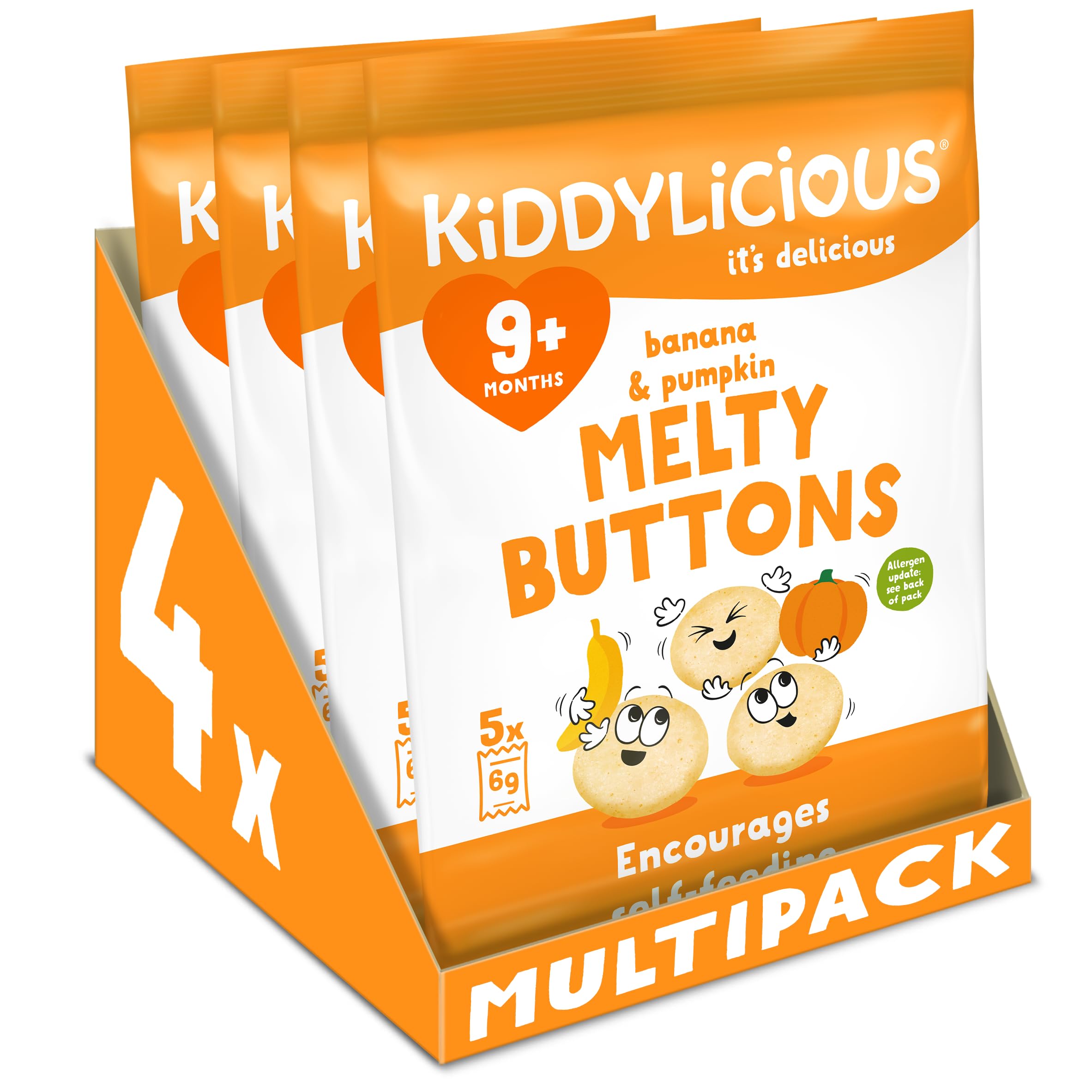 Kiddylicious Banana & Pumpkin Melty Buttons - Delicious Snacks for Kids - Suitable for 9+ Months - 4 Packs of 5 (20 Total)