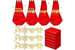 Suclain 24 Pcs Christmas Napkins and Ring Set, Include 12 Pieces Gold Napkin Rings with 12 Pieces Solid Color Washable Cloth Napkins for Christmas Dinners Parties Wedding Adornment Table Decoration
