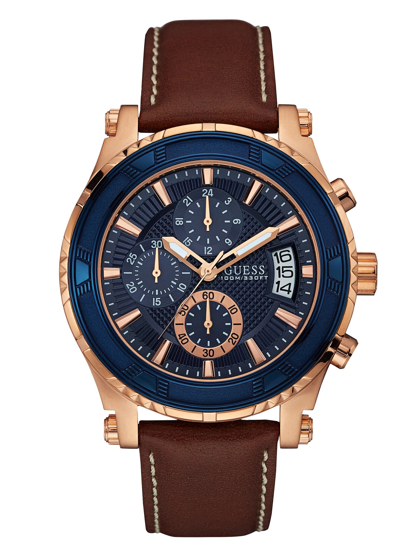GUESS Reloj cronógrafo de cuero genuino marrón + azul con función de fecha. Color: Marrón (Modelo: U0673G3)